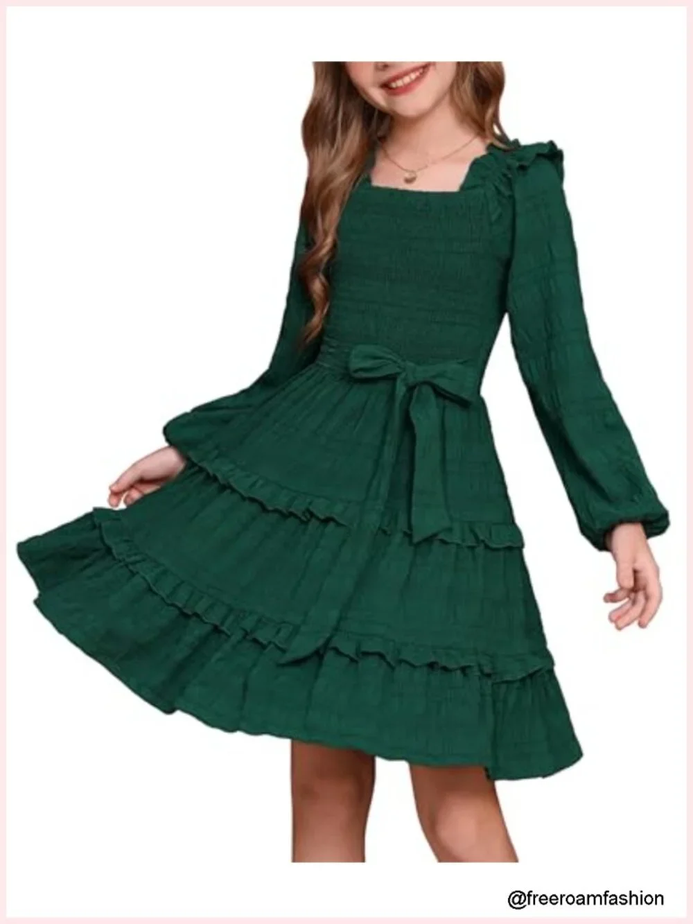 Girls Ruffle Dress Long Sleeves Square Neck A-Line Party Dress